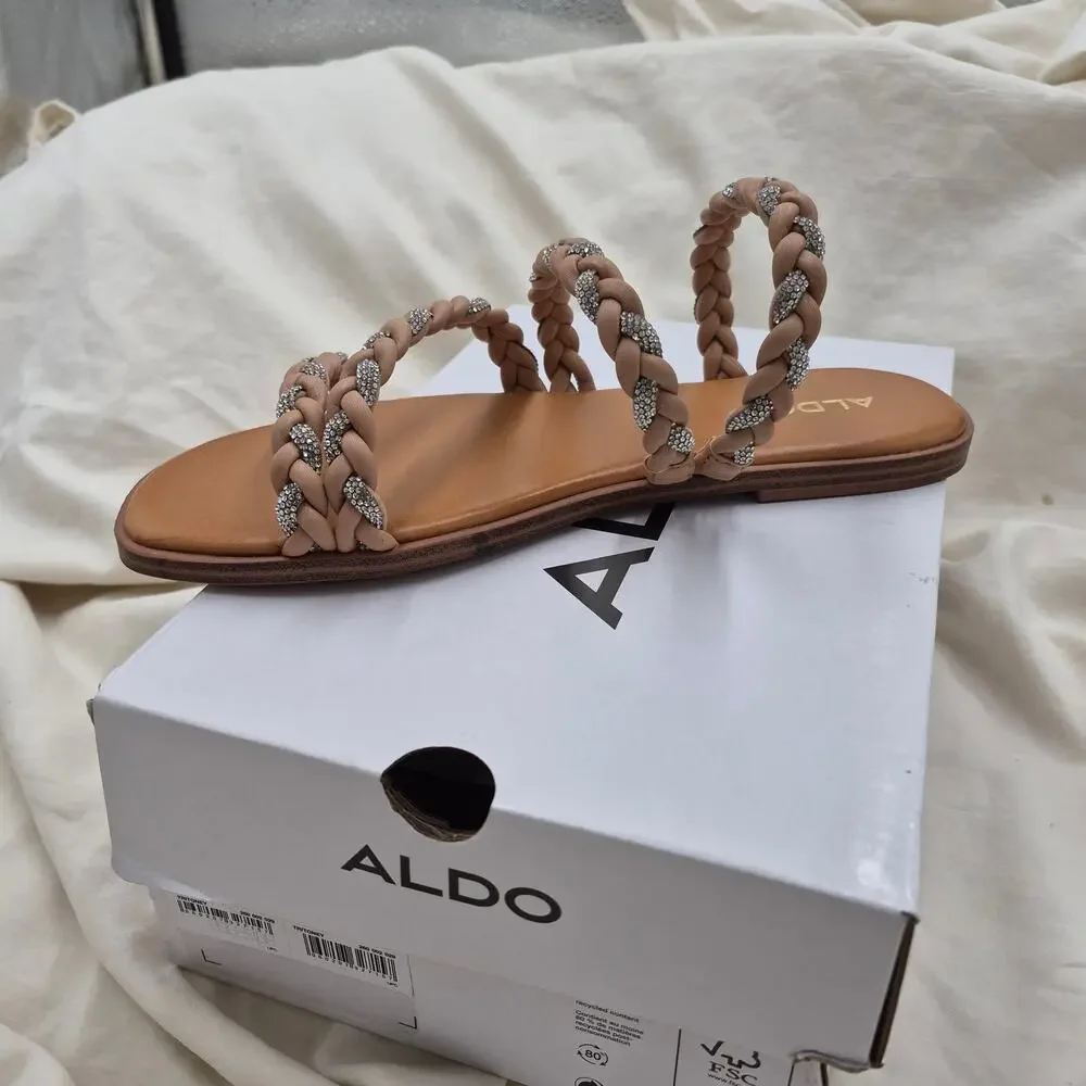 NEW ALDO Women Tritoney flat slip-on slide sandal braided straps crystal size 8